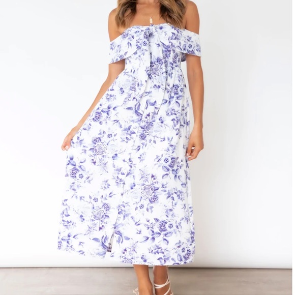 Bates Off the Shoulder Midi Dress in Blue Floral - Picture 2 of 7